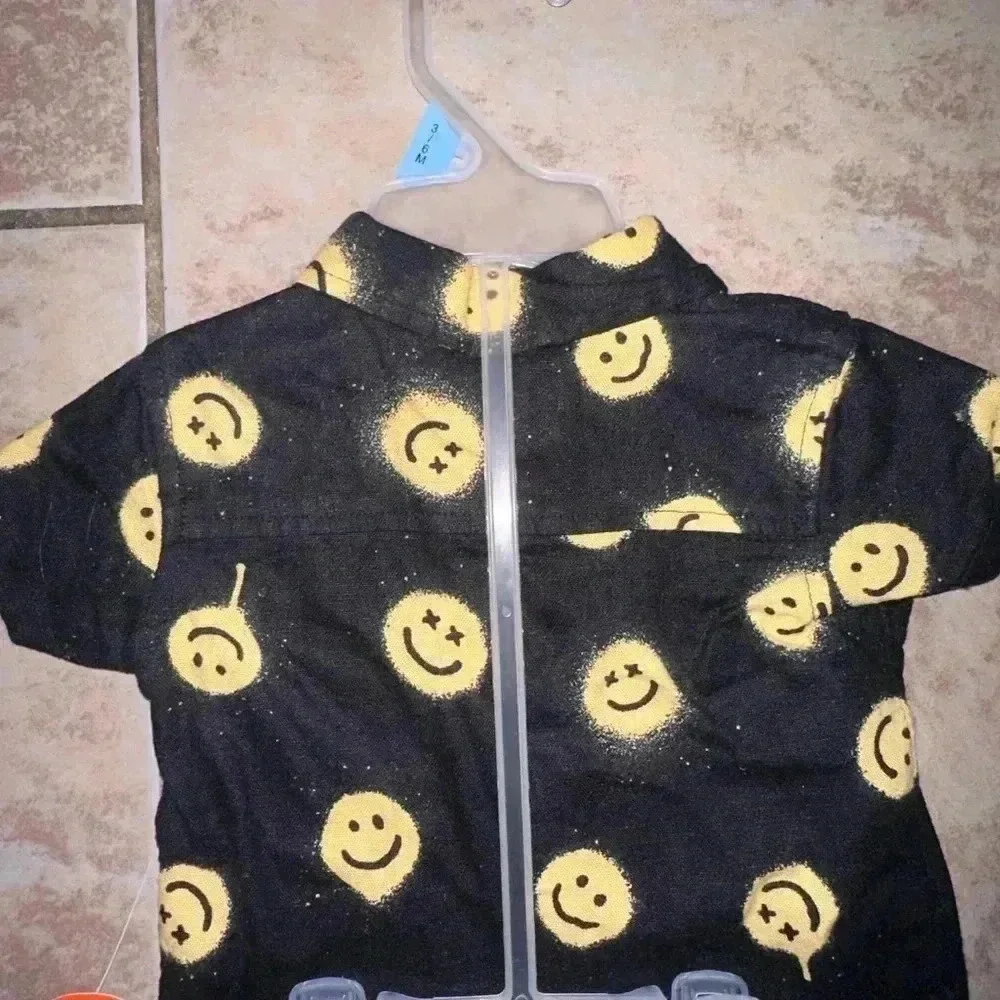 Boy,Wonder Nation,Smiley Face, Short Sleeve Shirt & Shorts Set 3-6M Black Yellow